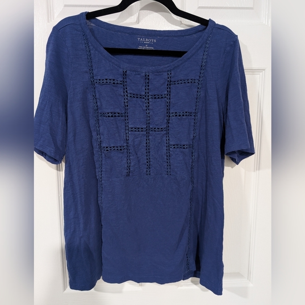 Talbots Woman Blue Cut-Out Front Detail Short Sleeve Shirt in Size 1X